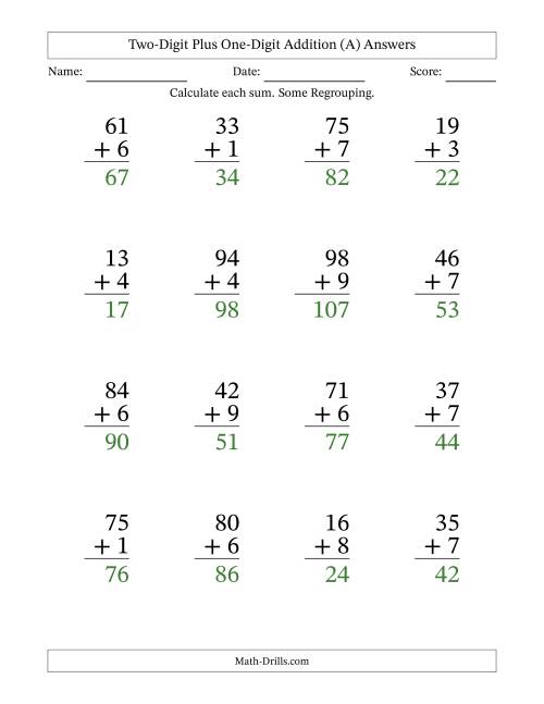 The Two-Digit Plus One-Digit Addition With Some Regrouping – 16 Questions – Large Print (All) Math Worksheet Page 2