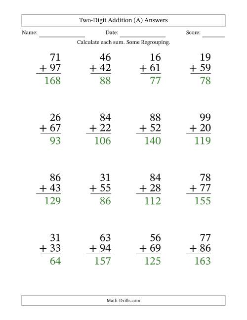The Large Print 2-Digit Plus 2-Digit Addition with SOME Regrouping (A) Math Worksheet Page 2