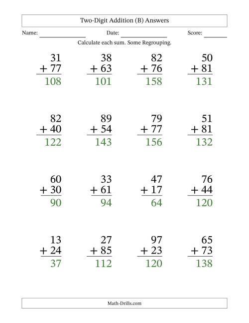 The Two-Digit Addition With Some Regrouping – 16 Questions – Large Print (B) Math Worksheet Page 2