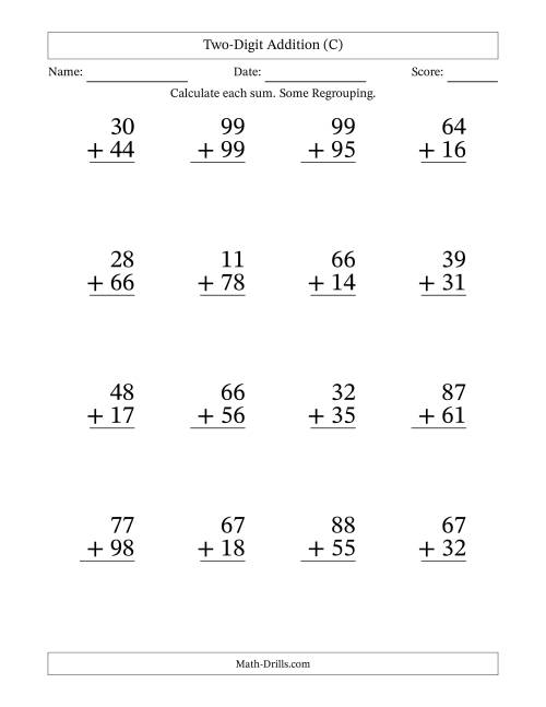 The Two-Digit Addition With Some Regrouping – 16 Questions – Large Print (C) Math Worksheet