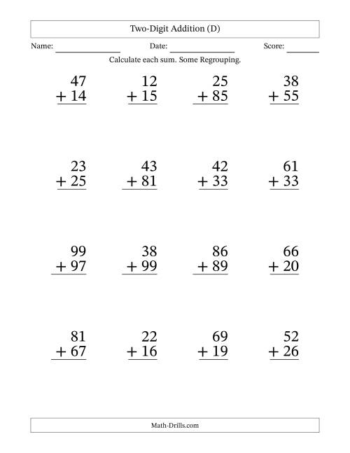 The Two-Digit Addition With Some Regrouping – 16 Questions – Large Print (D) Math Worksheet