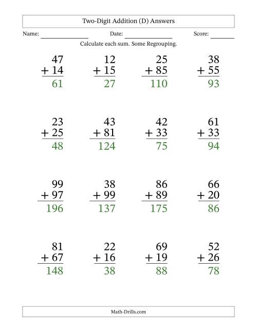 The Two-Digit Addition With Some Regrouping – 16 Questions – Large Print (D) Math Worksheet Page 2