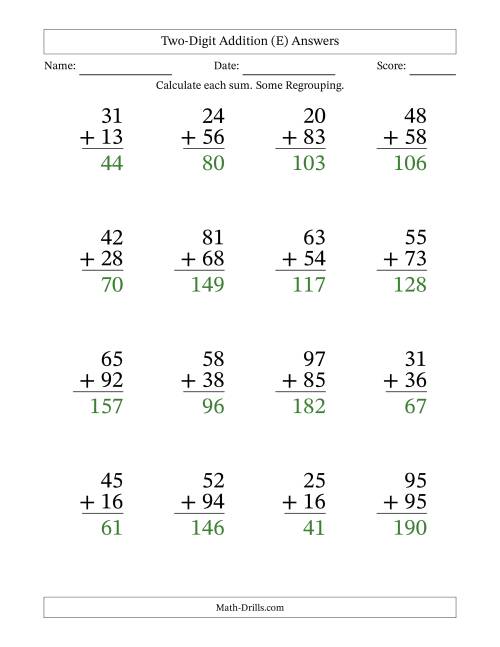 The Two-Digit Addition With Some Regrouping – 16 Questions – Large Print (E) Math Worksheet Page 2