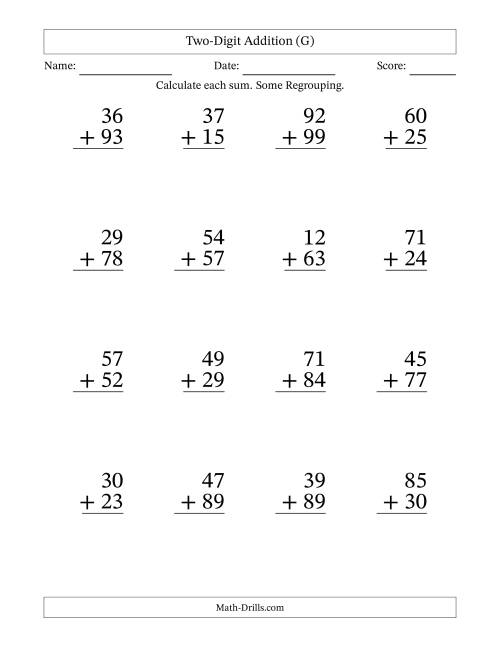 The Two-Digit Addition With Some Regrouping – 16 Questions – Large Print (G) Math Worksheet