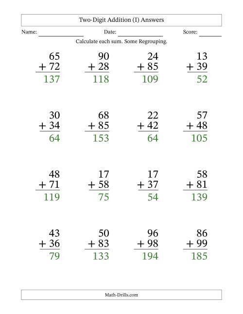 The Two-Digit Addition With Some Regrouping – 16 Questions – Large Print (I) Math Worksheet Page 2