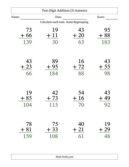 The Two-Digit Addition With Some Regrouping – 16 Questions – Large Print (J) Math Worksheet Page 2