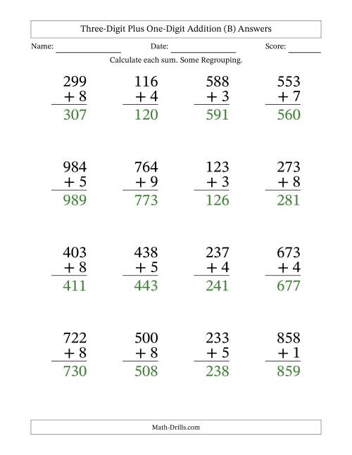 The Large Print 3-Digit Plus 1-Digit Addition with SOME Regrouping (B) Math Worksheet Page 2