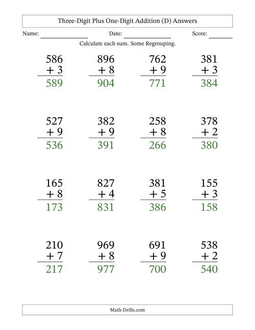 The Large Print 3-Digit Plus 1-Digit Addition with SOME Regrouping (D) Math Worksheet Page 2