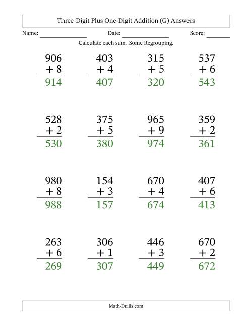 The Large Print 3-Digit Plus 1-Digit Addition with SOME Regrouping (G) Math Worksheet Page 2
