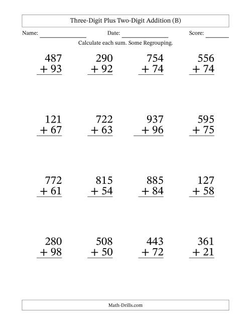 The Large Print 3-Digit Plus 2-Digit Addition with SOME Regrouping (B) Math Worksheet