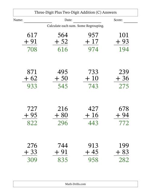 The Large Print 3-Digit Plus 2-Digit Addition with SOME Regrouping (C) Math Worksheet Page 2