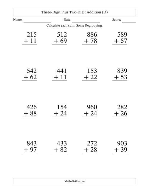 The Three-Digit Plus Two-Digit Addition With Some Regrouping – 16 Questions – Large Print (D) Math Worksheet