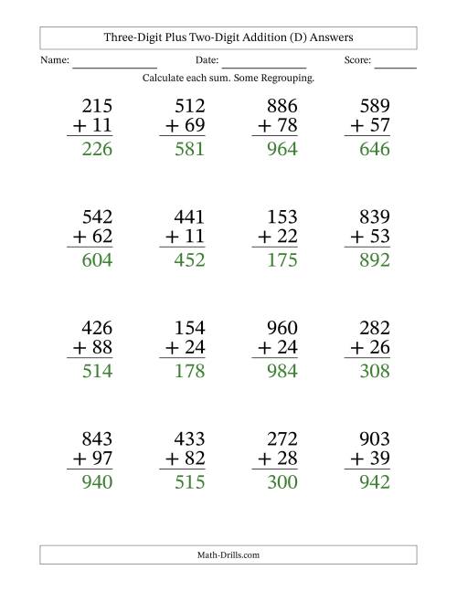 The Large Print 3-Digit Plus 2-Digit Addition with SOME Regrouping (D) Math Worksheet Page 2