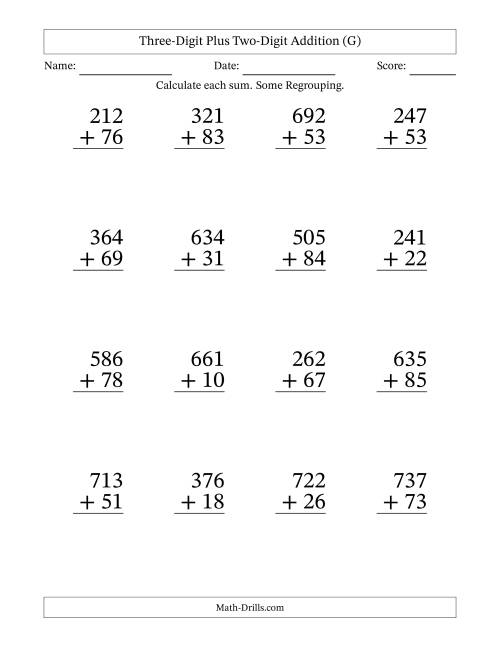 The Large Print 3-Digit Plus 2-Digit Addition with SOME Regrouping (G) Math Worksheet