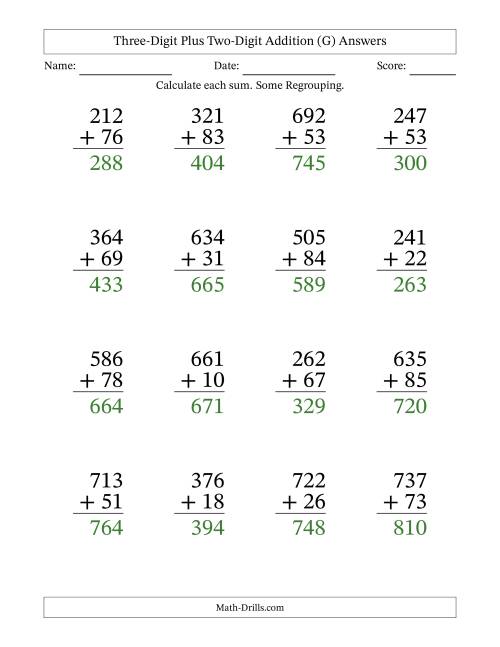 The Large Print 3-Digit Plus 2-Digit Addition with SOME Regrouping (G) Math Worksheet Page 2