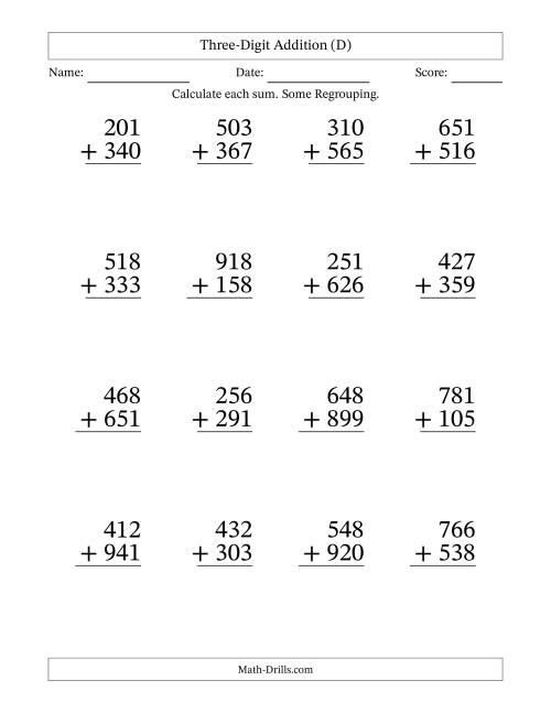 The Three-Digit Addition With Some Regrouping – 16 Questions – Large Print (D) Math Worksheet