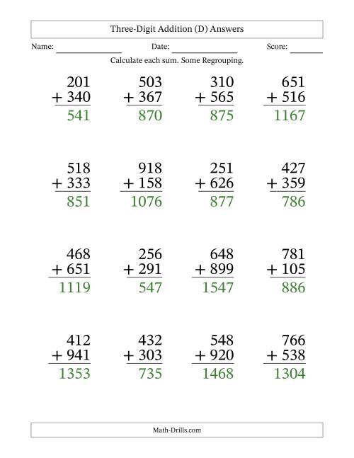 The Three-Digit Addition With Some Regrouping – 16 Questions – Large Print (D) Math Worksheet Page 2