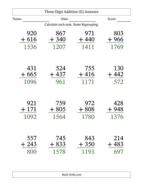 The Three-Digit Addition With Some Regrouping – 16 Questions – Large Print (G) Math Worksheet Page 2