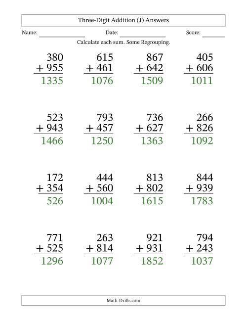 The Three-Digit Addition With Some Regrouping – 16 Questions – Large Print (J) Math Worksheet Page 2