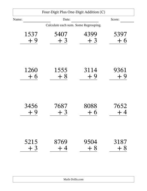 The Four-Digit Plus One-Digit Addition With Some Regrouping – 16 Questions – Large Print (C) Math Worksheet