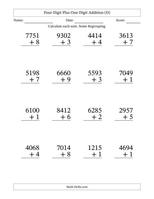 The Four-Digit Plus One-Digit Addition With Some Regrouping – 16 Questions – Large Print (D) Math Worksheet