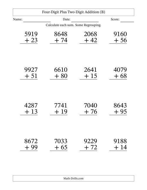 The Four-Digit Plus Two-Digit Addition With Some Regrouping – 16 Questions – Large Print (B) Math Worksheet