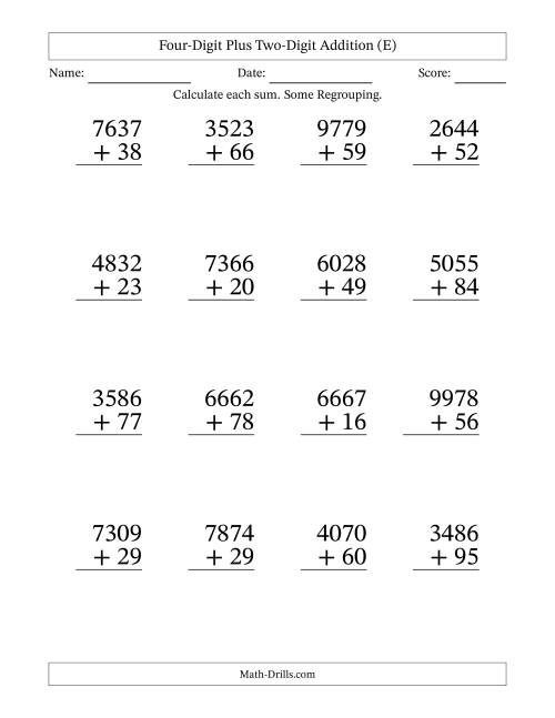 The Four-Digit Plus Two-Digit Addition With Some Regrouping – 16 Questions – Large Print (E) Math Worksheet