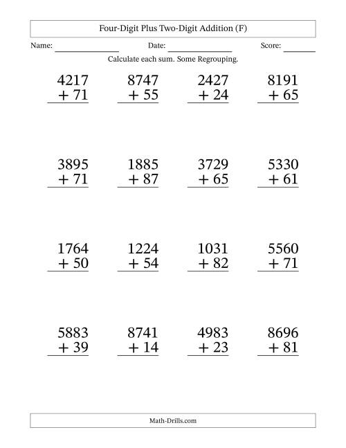 The Four-Digit Plus Two-Digit Addition With Some Regrouping – 16 Questions – Large Print (F) Math Worksheet