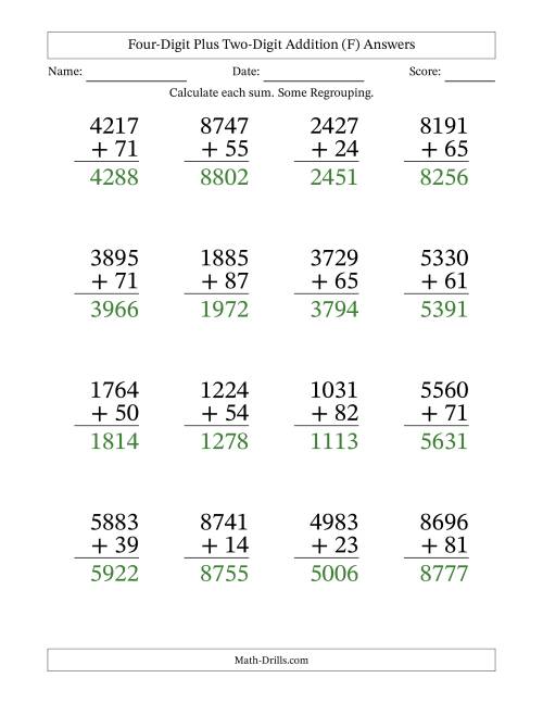 The Large Print 4-Digit Plus 2-Digit Addition with SOME Regrouping (F) Math Worksheet Page 2