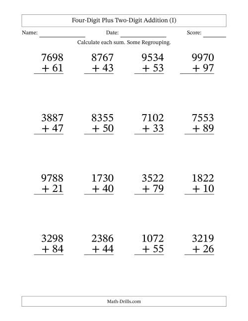 The Large Print 4-Digit Plus 2-Digit Addition with SOME Regrouping (I) Math Worksheet