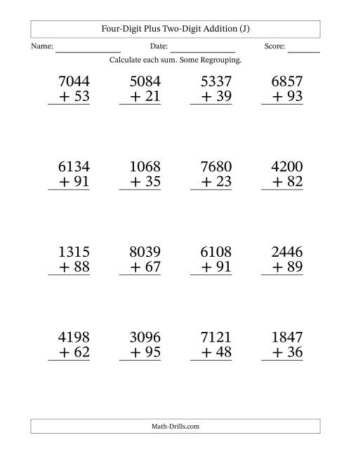 The Four-Digit Plus Two-Digit Addition With Some Regrouping – 16 Questions – Large Print (J) Math Worksheet
