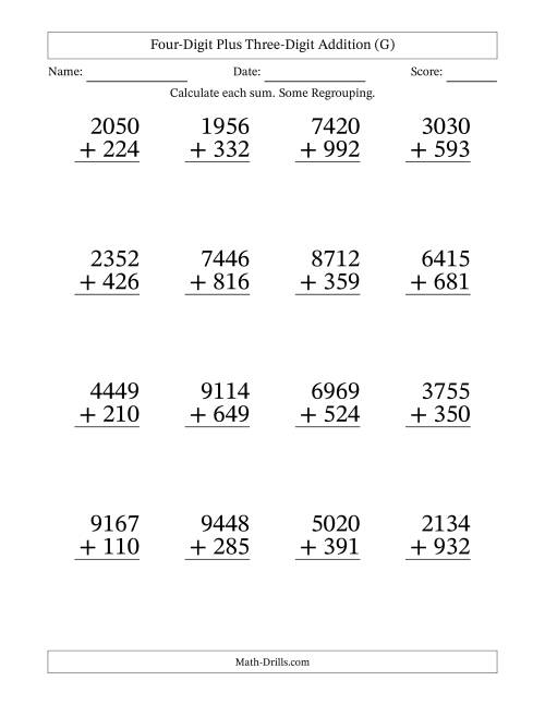 The Four-Digit Plus Three-Digit Addition With Some Regrouping – 16 Questions – Large Print (G) Math Worksheet