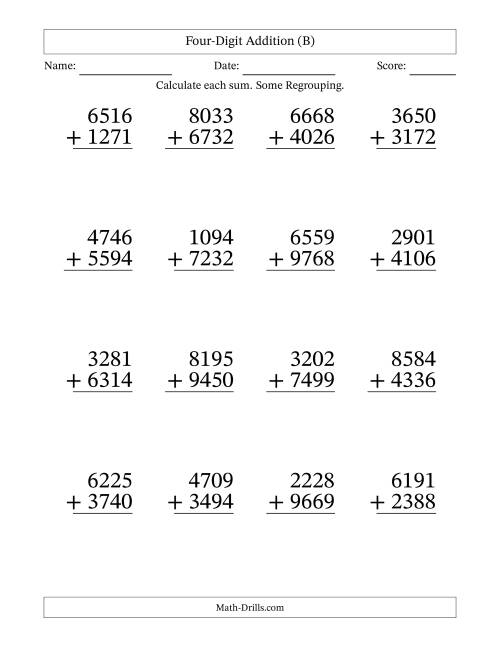 The Four-Digit Addition With Some Regrouping – 16 Questions – Large Print (B) Math Worksheet