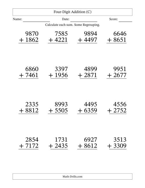 The Four-Digit Addition With Some Regrouping – 16 Questions – Large Print (C) Math Worksheet