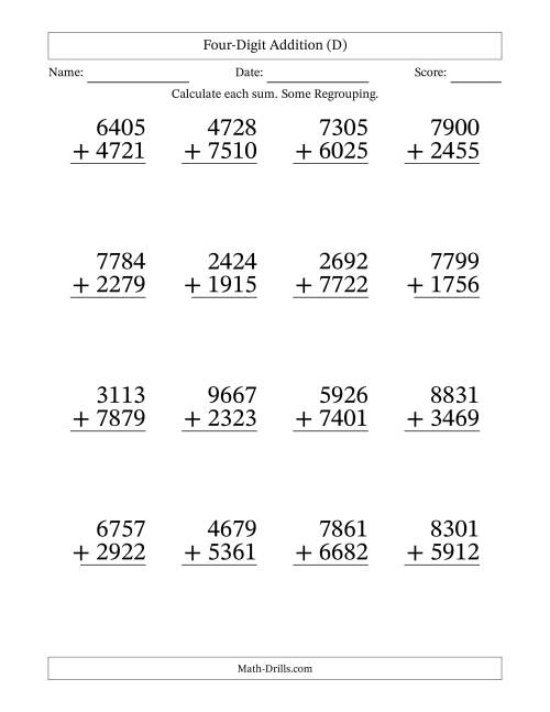The Four-Digit Addition With Some Regrouping – 16 Questions – Large Print (D) Math Worksheet