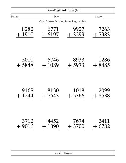 The Four-Digit Addition With Some Regrouping – 16 Questions – Large Print (G) Math Worksheet