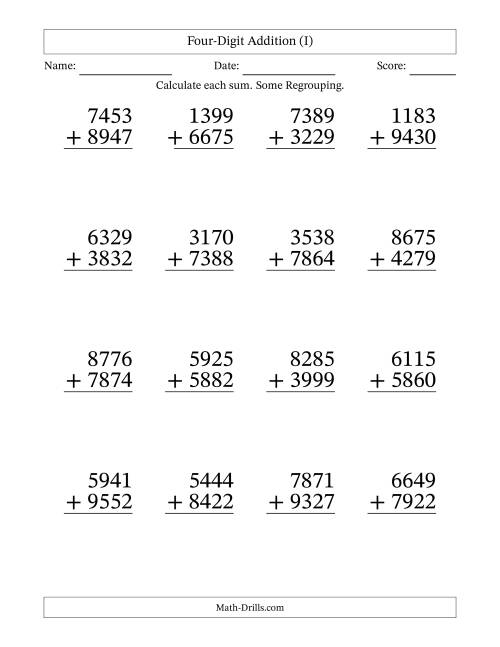 The Four-Digit Addition With Some Regrouping – 16 Questions – Large Print (I) Math Worksheet