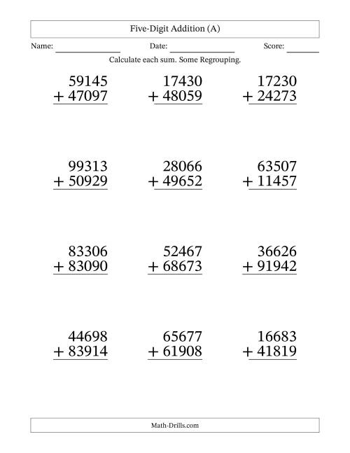 The Large Print 5-Digit Plus 5-Digit Addition with SOME Regrouping (A) Math Worksheet