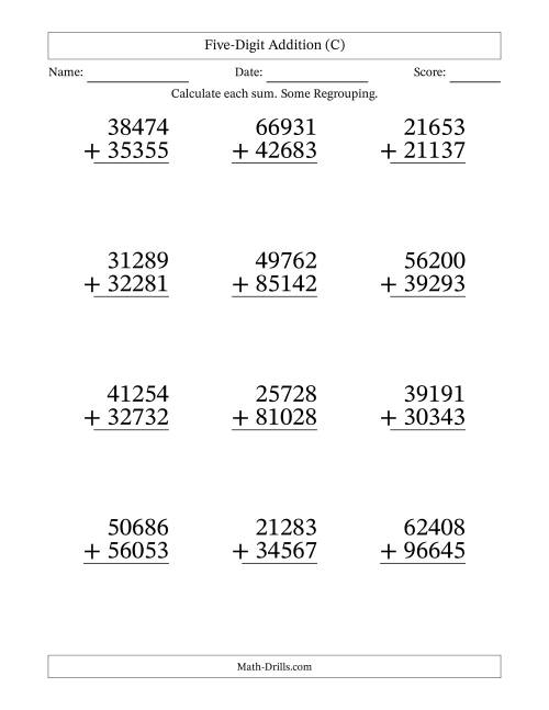 The Five-Digit Addition With Some Regrouping – 12 Questions – Large Print (C) Math Worksheet