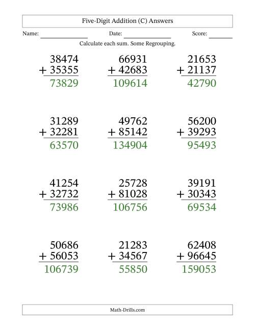 The Five-Digit Addition With Some Regrouping – 12 Questions – Large Print (C) Math Worksheet Page 2