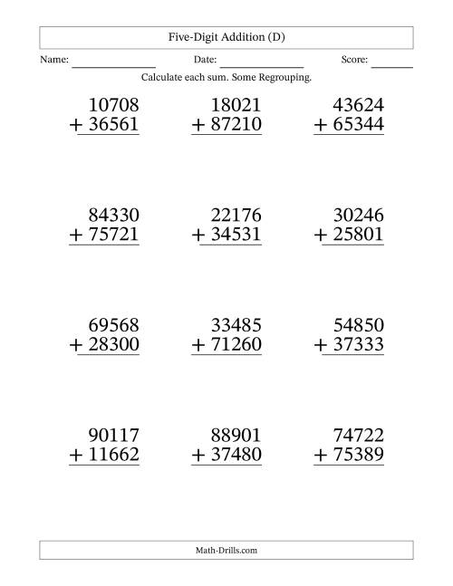 The Five-Digit Addition With Some Regrouping – 12 Questions – Large Print (D) Math Worksheet