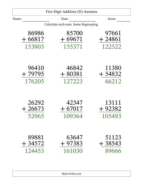 The Five-Digit Addition With Some Regrouping – 12 Questions – Large Print (H) Math Worksheet Page 2