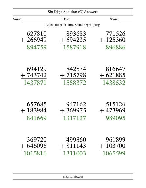 The Large Print 6-Digit Plus 6-Digit Addition with SOME Regrouping (C) Math Worksheet Page 2