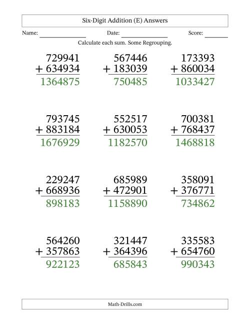 The Large Print 6-Digit Plus 6-Digit Addition with SOME Regrouping (E) Math Worksheet Page 2