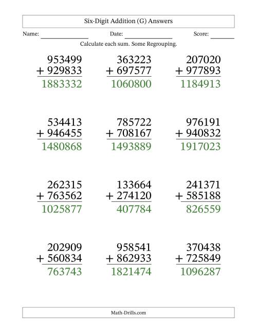The Large Print 6-Digit Plus 6-Digit Addition with SOME Regrouping (G) Math Worksheet Page 2