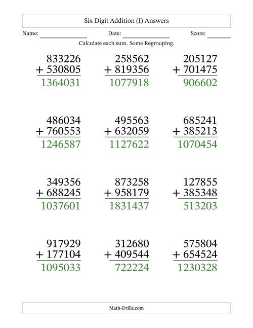 The Large Print 6-Digit Plus 6-Digit Addition with SOME Regrouping (I) Math Worksheet Page 2