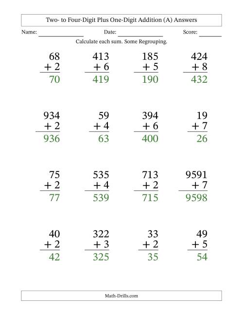 The Large Print Various-Digit Plus 1-Digit Addition with SOME Regrouping (A) Math Worksheet Page 2