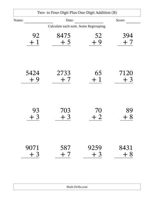 The Large Print Various-Digit Plus 1-Digit Addition with SOME Regrouping (B) Math Worksheet