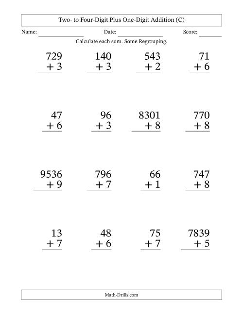 The Two- to Four-Digit Plus One-Digit Addition With Some Regrouping – 16 Questions – Large Print (C) Math Worksheet
