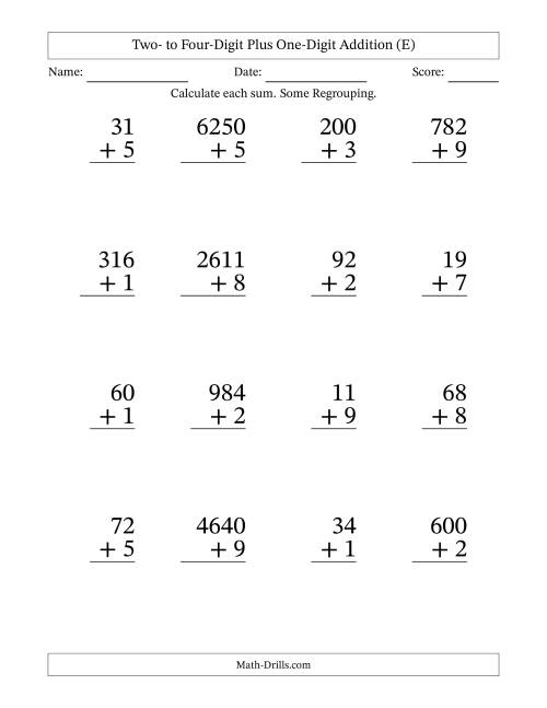 The Large Print Various-Digit Plus 1-Digit Addition with SOME Regrouping (E) Math Worksheet